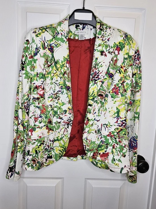 NWOT Liz Claiborne Women's White Floral Blazer Size M Red Lining Colorful Jacket - Picture 9 of 15